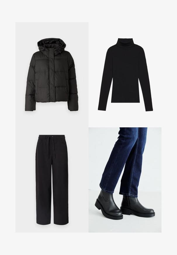 Casaco puffer preto com capuz, fecho frontal com zip e padrão acolchoado, com punhos elásticos. Feito de material sintético liso.; Top de gola alta de manga longa, preto, feito de tecido canelado, apresenta um design justo com um decote elevado e sem padrões ou detalhes.; Calças largas pretas feitas de um tecido suave, com cintura elástica ajustável, dois bolsos frontais e um corte solto para conforto.; Botas de tornozelo de couro preto com sola grossa e painéis elásticos laterais, combinadas com jeans azul escuro. O chão é de cor clara.