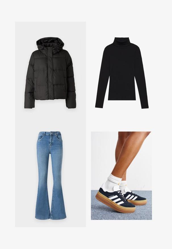 Black puffer jacket with a hood, zip front closure, quilted pattern, and elastic cuffs. Made from smooth synthetic material.; Black turtleneck long-sleeve top, made of ribbed fabric, features a fitted design with a high neckline and no patterns or accents.; Flared jeans made of blue denim, featuring a high waist, zipper and button closure, and a faded design with subtle whiskering details.; Black suede sneakers with white stripes and accents, rounded toe, gum rubber outsole, paired with white ribbed crew socks.