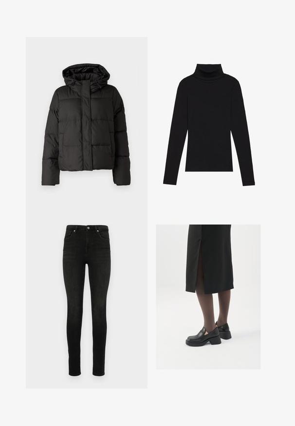 Črna puhovka s kapuco, zadrgo spredaj, prešito vzorec in elastičnimi manšetami. Narejena iz gladkega sintetičnega materiala.; Črna majica s puloverjem in dolgimi rokavi, izdelana iz rebraste tkanine, ima prilegan kroj s visokim ovratnikom in brez vzorcev ali okrasnih elementov.; Črne ožje jeans hlače iz denima. Klasična zasnova s petimi žepi z zadrgo in gumbom. Gladka tekstura in prilegajoč kroj.; Črne usnjene čevlje s zaobljenim prstom, debelim blokastim petama in elastičnimi stranskimi detajli, v kombinaciji s temno nogavicami in črno krilo z razporkom.