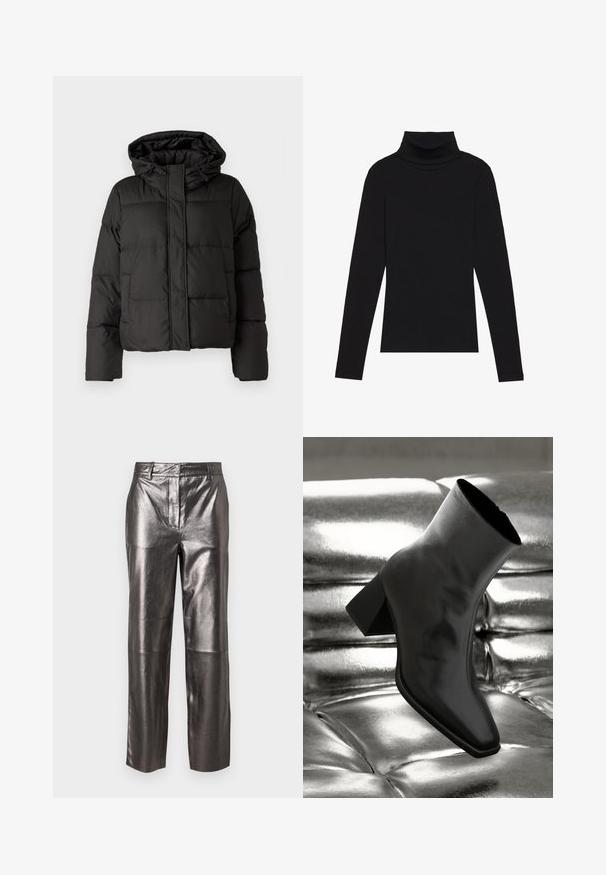 Schwarze Daunenjacke mit Kapuze, Reißverschluss auf der Vorderseite, gestepptem Muster und elastischen Bündchen. Hergestellt aus glattem Synthetikmaterial.; Schwarzes langärmeliges Turtleneck-Oberteil aus geripptem Stoff, mit einer taillierten Passform, hohem Kragen und ohne Muster oder Akzente.; Metallisch silberne Lederhosen mit geradem Bein, die eine glatte Textur, Gürtelschlaufen und Vordertaschen aufweisen.; Schwarzer Knöchelstiefel aus glänzendem Material mit quadratischer Zehenform und verjüngtem Absatz, vor einem glänzenden silbernen gepolsterten Hintergrund.