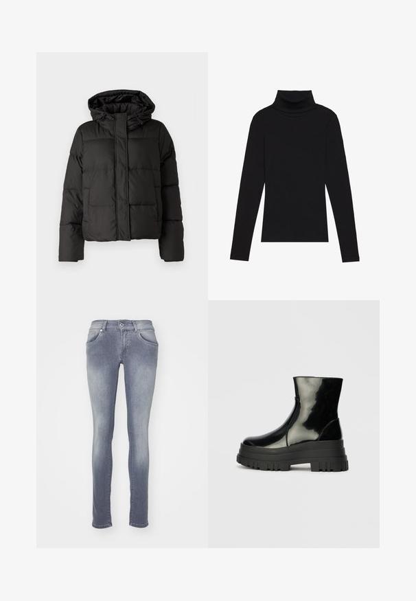 Crna puffer jakna s kapuljačom, zatvaranjem na zip, kviltanim uzorkom i elastičnim manžetama. Izrađena od glatkog sintetičkog materijala.; Crna turtleneck majica dugih rukava, napravljena od rebraste tkanine, ima uski kroj s visokim ovratnikom i bez uzoraka ili dekoracija.; Uske uskomani traperice u srednjem sivom pranju, napravljene od denima. Ima pet džepova, petlje za remen i izbleđeni efekt na bedrima i koljenima.; Crna sjajna čizma do ankleta s debelim zupčastim potplatom i zaobljenim vrhom, bočni pogled na jednostavnoj svijetlosivoj pozadini.