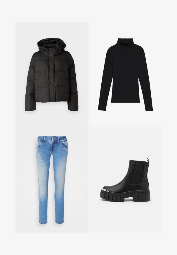 Crna puffer jakna s kapuljačom, zatvaranjem na zip, kviltanim uzorkom i elastičnim manžetama. Izrađena od glatkog sintetičkog materijala.; Crna turtleneck majica dugih rukava, napravljena od rebraste tkanine, ima uski kroj s visokim ovratnikom i bez uzoraka ili dekoracija.; Plave traperice slim kroja, s blagim izblijedjenjem, dva prednja džepa i manjim oštećenjima u blizini koljena.; Crne gležnjače od glatke kože s elastičnim panelima, debelim platformskim potplatom i metalnim vrhom.