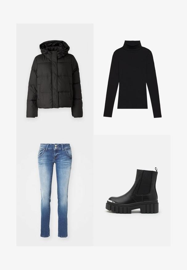 Črna puhovka s kapuco, zadrgo spredaj, prešito vzorec in elastičnimi manšetami. Narejena iz gladkega sintetičnega materiala.; Črna majica s puloverjem in dolgimi rokavi, izdelana iz rebraste tkanine, ima prilegan kroj s visokim ovratnikom in brez vzorcev ali okrasnih elementov.; Slim fitting modre kavbojke z zbledelim pranjem. Imajo dve sprednji žepu in zaklep z gumbom, z rahlim obrabljenjem pri robu.; Črne gležnarje iz gladkega usnja z elastičnimi vložki, debelim platformnim podplatom in kovinskim kapicom.