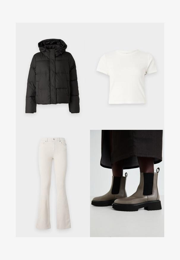 Must musterk jacket, millede, tõmbluku ees sulgemine, tikandmuster ja elastsed mansetid. Valmistatud siledast sünteetilisest materjalist.; Lühike valge T-särk, mis on valmistatud puuvillast, lühikeste varrukatega, ümmarguse kaelusega ja sirge lõikega, omades sileda tekstuuri ja minimaalset disaini.; Beežid Corduroy laienevad püksid kõrge vöökohtaga, millel on metallnuppudega sulgemine, vöökoharihmad ja kogu ulatuses nähtav ribakujuline tekstuur.; Hallide hallukad, mis on valmistatud tekstuursest nahast, millel on elastsed külgpaneelid ja massiivne must tald. Omab tõmblukke mugavaks selga panemiseks.