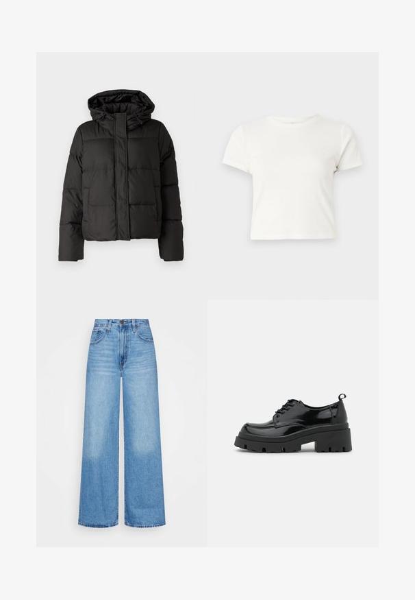 Must musterk jacket, millede, tõmbluku ees sulgemine, tikandmuster ja elastsed mansetid. Valmistatud siledast sünteetilisest materjalist.; Lühike valge T-särk, mis on valmistatud puuvillast, lühikeste varrukatega, ümmarguse kaelusega ja sirge lõikega, omades sileda tekstuuri ja minimaalset disaini.; Heledad püksid helesinisest denimist, millel on kõrge vöökohaga, nööbivöö ja klassikaline viie tasku disain koos tuhmide aladega.; Mustad mustri kingad, millel on paks platvormsüstal ja paksed nöörid. Ümar nina, minimaalne detaljide arv ja väike kannataga tab.