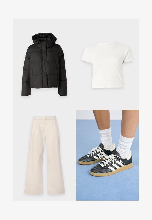 Veste doudoune noire avec capuche, fermeture éclair à l'avant, motif matelassé et poignets élastiques. Fabriquée en matériau synthétique lisse.; T-shirt blanc court en coton avec des manches courtes, un col rond et un ourlet droit, présentant une texture lisse et un design minimal.; Pantalons larges beiges en tissu léger, dotés d'un devant plat, de deux plis et d'un design épuré et minimaliste.; Sneakers en cuir noir avec des rayures blanches, bout rond, lacets blancs et semelle en caoutchouc beige. Accentué par un col rembourré et des détails de marque.