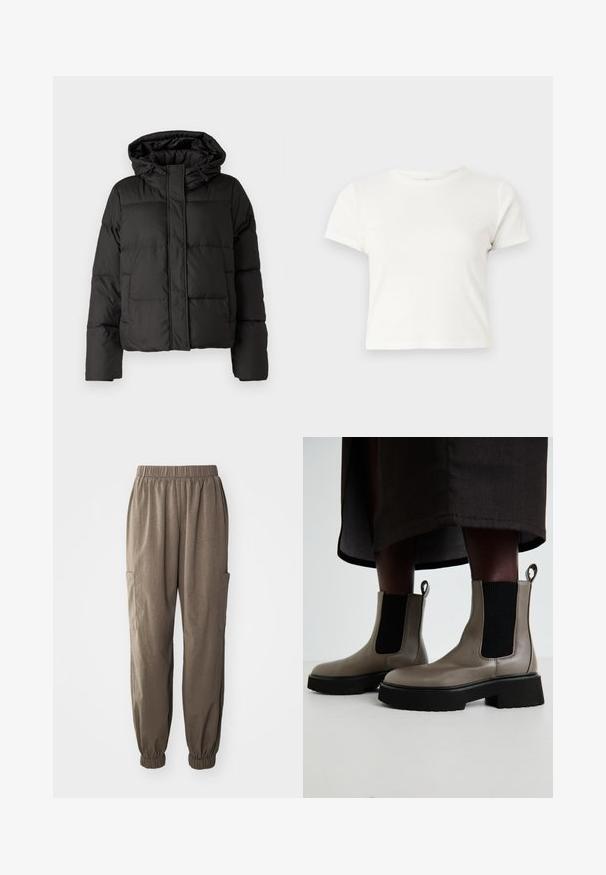 Chaqueta de plumas negra con capucha, cierre frontal con cremallera, patrón acolchado y puños elásticos. Fabricada en material sintético suave.; Camiseta corta blanca de algodón con mangas cortas, cuello redondo y dobladillo recto, con una textura suave y un diseño minimalista.; Pantalones cargo holgados de tela marrón, con cintura elástica, puños fruncidos y bolsillos laterales para mayor funcionalidad.; Botines grises hechos de cuero texturizado con paneles laterales elásticos y una suela negra robusta. Cuenta con tiradores para facilitar su colocación.