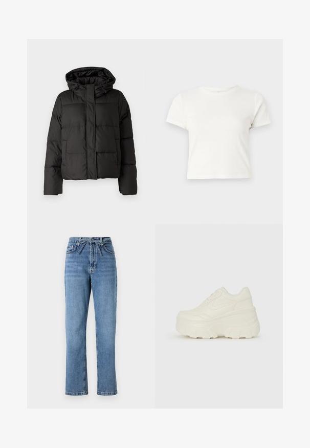 Casaco puffer preto com capuz, fecho frontal com zip e padrão acolchoado, com punhos elásticos. Feito de material sintético liso.; T-shirt branca curta feita de algodão, com mangas curtas, um decote redondo e uma bainha reta, apresentando uma textura suave e um design minimalista.; Jeans de ganga azul claro com um corte reto, de cintura alta, com um laço frontal e um design clássico de cinco bolsos. Superfície texturizada com desbotamento subtil.; Tênis brancos de plataforma com um cabedal suave semelhante a couro, formato arredondado, colarinho acolchoado e sola de borracha texturizada com ranhuras bem definidas.