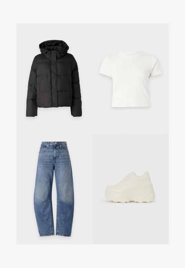 Black puffer jacket with a hood, zip front closure, quilted pattern, and elastic cuffs. Made from smooth synthetic material.; Short white t-shirt made of cotton with short sleeves, a round neckline, and a straight hem, featuring a smooth texture and minimal design.; High-waisted blue denim jeans with a relaxed fit, featuring a classic five-pocket design and visible stitching along the seams.; White platform sneakers featuring a smooth leather-like upper, rounded shape, padded collar, and textured rubber sole with defined treads.