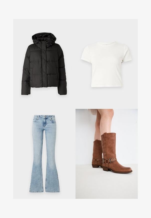 Black puffer jacket with a hood, zip front closure, quilted pattern, and elastic cuffs. Made from smooth synthetic material.; Short white t-shirt made of cotton with short sleeves, a round neckline, and a straight hem, featuring a smooth texture and minimal design.; Light blue denim flared jeans with a mid-rise waist, five pockets, and stitched detailing along the seams, featuring a metal button closure.; Brown leather ankle boots with a slightly pointed toe, decorative buckles, and a low stacked heel. Smooth texture with a matte finish.