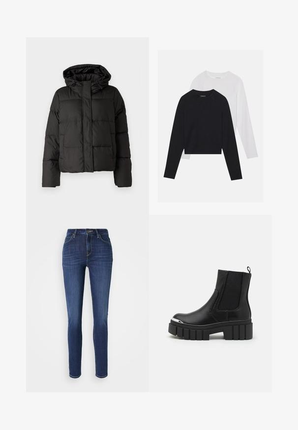 Svart pufferjakke med hette, glidelås foran, quiltet mønster og elastiske ermer. Laget av glatt syntetisk materiale.; To lange ermerte skjorter: en svart og en hvit. Begge har rund hals, raglanermer og er laget av en myk bomullsblanding.; Slim-fit jeans i mørkeblå denim med subtil fading. Har fem lommer, beltehemper, og en frontlukking med knapp. Standard design med rette ben.; Svarte ankelstøvler laget av glatt lær med elastiske paneler, en tykk plattformsåle og en metalltåhette.