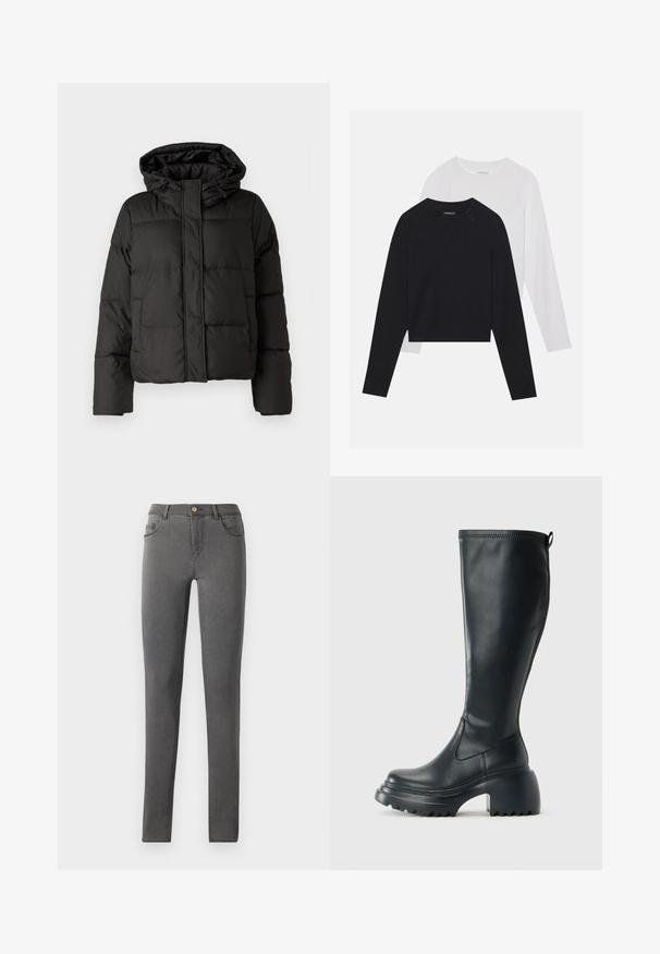 Musta puffatakki hupulla, vetoketjukiinnityksellä, tikattu kuvio ja elastiset hihansuut. Valmistettu sileästä synteettisestä materiaalista.; Kaksi pitkähihasta paitaa: yksi musta ja yksi valkoinen. Molemmissa on pyöreä kaula-aukko, raglan-hihat ja pehmeä puuvillasekoitekangas.; Harmaan farkku skinny farkut, joissa on säärenmyötäinen muotoilu, viisi taskua ja yksi metallinen nappisulku vyötäröllä.; Korkeat mustat nahkakengät, joissa on paksu pohja ja lohkare korko, varustettuna vetonauhalla ja tekstuurilla ulkopohjassa.