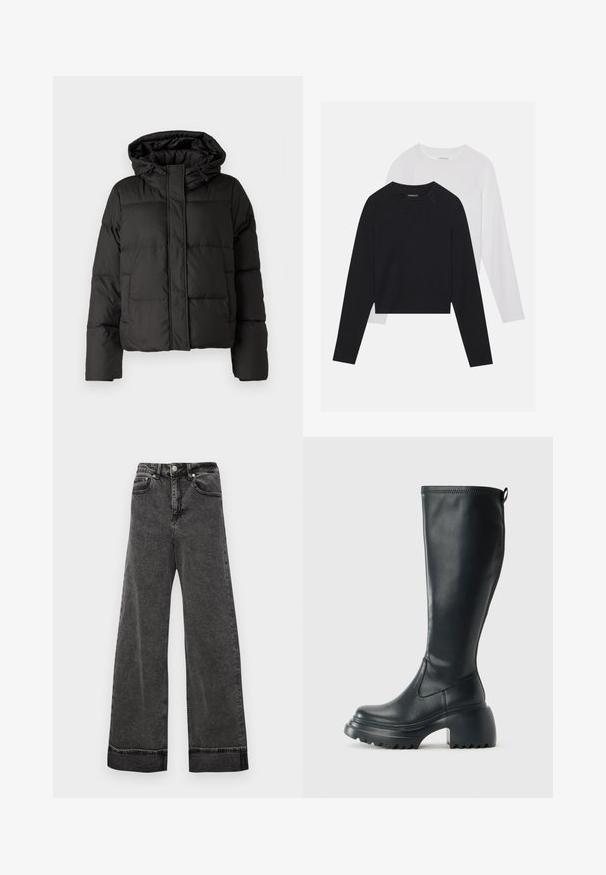 Black puffer jacket with a hood, zip front closure, quilted pattern, and elastic cuffs. Made from smooth synthetic material.; Two long-sleeved shirts: one black and one white. Both feature a crew neck, raglan sleeves, and a soft cotton blend fabric.; Wide-leg high-waisted black jeans made from denim, featuring a button closure, five pockets, and raw hems at the ankle.; Tall black leather boot with chunky platform sole and block heel, featuring pull tab and textured tread on outsole.