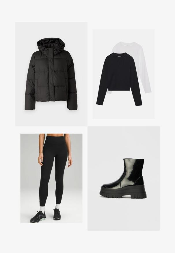 Must musterk jacket, millede, tõmbluku ees sulgemine, tikandmuster ja elastsed mansetid. Valmistatud siledast sünteetilisest materjalist.; Kaks pikade varrukatega särki: üks must ja teine valge. Mõlemal on ümar kaelus, raglanvarrukad ja pehme puuvillasegu kangas.; Mustad kõrge talje joogapüksid, mis on valmistatud venivast materjalist, omades elegantset disaini, sujuvat tekstuuri ja peent külgedetaili. Koos mustade spordijalanõudega.; Must mustakate läikiv ankle boot paksu lõkkeka üle ja ümarate varvastega, külgvaates halli ühtlase taustal.