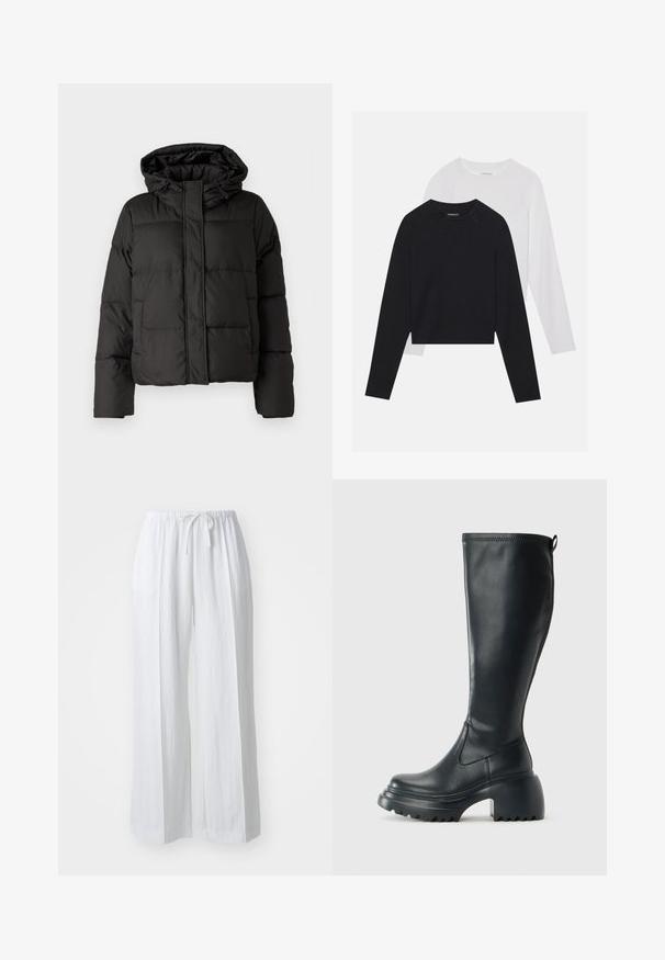 Svart pufferjakke med hette, glidelås foran, quiltet mønster og elastiske ermer. Laget av glatt syntetisk materiale.; To lange ermerte skjorter: en svart og en hvit. Begge har rund hals, raglanermer og er laget av en myk bomullsblanding.; Hvite, vide bukser med strikk i livet. Laget av lettvektig stoff, med en glatt tekstur og minimalistisk design.; Høy svart lærstøvel med chunky plattformsåle og blokkhelt, med trekkstang og teksturert mønster på yttersålen.