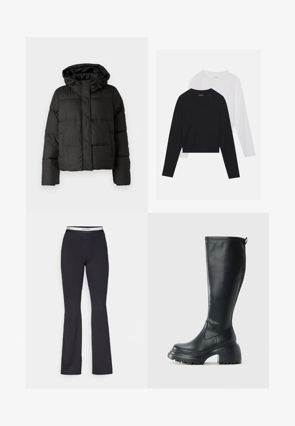 Fekete puffernadrág kapucnival, elöl cipzárral záródik, steppelt mintázattal és elasztikus mandzsettákkal rendelkezik. Simább szintetikus anyagból készült.; Két hosszúujjú póló: az egyik fekete, a másik fehér. Mindkettő kerek nyakú, raglán ujjal és puha pamutkeverék anyaggal készült.; Fekete harangnadrág, rugalmas anyagból készült, széles derékkal, amelyen kontrasztos logó található. Simaság és minimalista dizájn jellemzi.; Magas fekete bőrcipő, vastag platform talppal és blokk sarokkal, húzófüllel és texturált profillal az outsole-on.