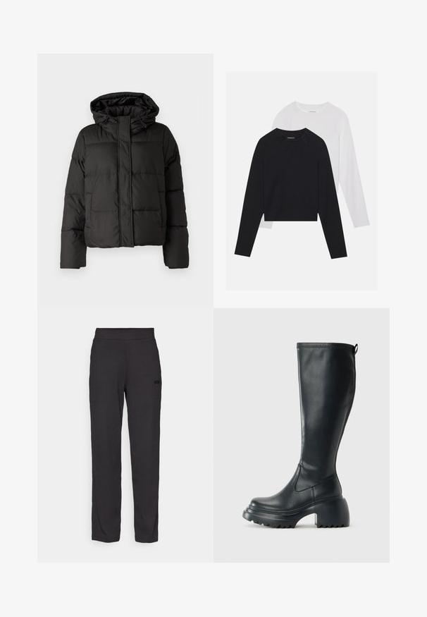 Fekete puffernadrág kapucnival, elöl cipzárral záródik, steppelt mintázattal és elasztikus mandzsettákkal rendelkezik. Simább szintetikus anyagból készült.; Két hosszúujjú póló: az egyik fekete, a másik fehér. Mindkettő kerek nyakú, raglán ujjal és puha pamutkeverék anyaggal készült.; Fekete sportnadrág bordázott textúrával, rugalmas derékkal és egy kis fekete logóval a csípőnél. Egyenes szárú fazon.; Magas fekete bőrcipő, vastag platform talppal és blokk sarokkal, húzófüllel és texturált profillal az outsole-on.