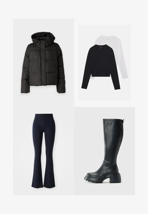 Juodas pūkinis džinsas su kapišonu, užtrauktuku priekyje, siuvinėtu raštu ir elastingais rankogaliais. Pagamintas iš lygios sintetinės medžiagos.; Du dušo ilgomis rankovėmis marškiniai: vieni juodi, kiti balti. Abu marškiniai turi apvalų iškirpimą, raglan tipo rankoves ir minkštą medvilnės mišinio audinį.; Tamsiai mėlynos spalvos plačios leginsės, pagamintos iš elastinės medžiagos, su aukštu liemeniu. Sklandžiai tekstūruotos, vientisos spalvos, be matomų raštų ar akcentų.; Ilgas juodos odinės batai su masyvi platforma ir stačiakampiu kulnu, turintys traukimo kilpą ir tekstūruotą pado raštą.