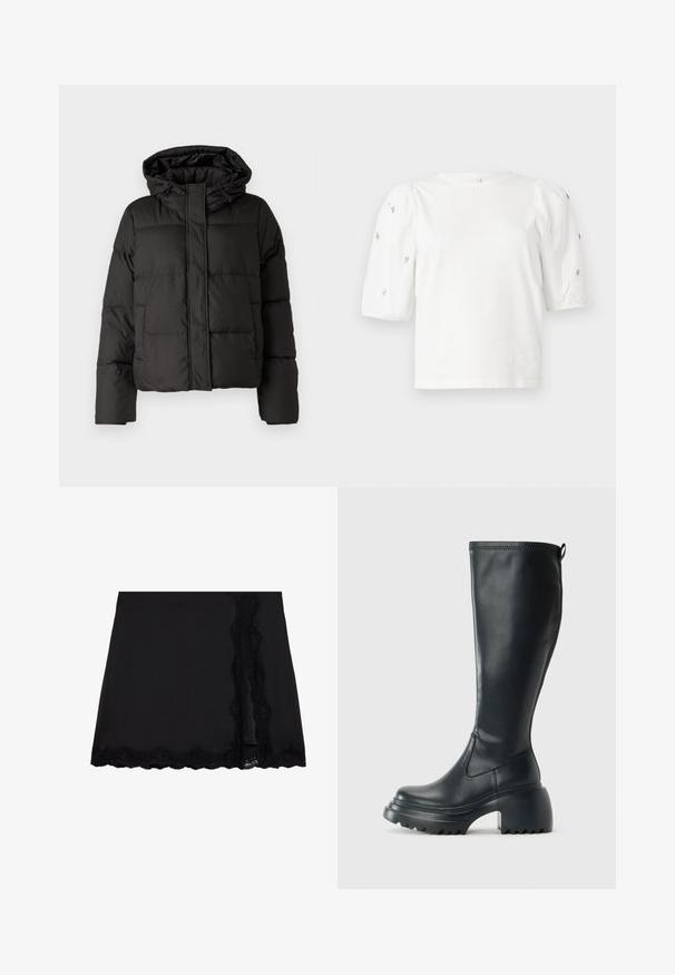 Casaco puffer preto com capuz, fecho frontal com zip e padrão acolchoado, com punhos elásticos. Feito de material sintético liso.; T-shirt branca de algodão com mangas puff curtas, apresentando pequenos embellissements prateados ao longo das mangas. Decote redondo clássico, corte descontraído.; Even&Odd Minissaia - black; Bota preta de couro alta com sola de plataforma robusta e salto bloco, apresentando puxador e padrão texturizado na sola.