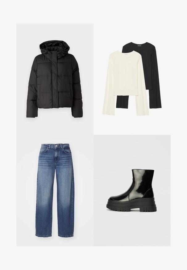 Chaqueta de plumas negra con capucha, cierre frontal con cremallera, patrón acolchado y puños elásticos. Fabricada en material sintético suave.; Conjunto de dos camisetas de manga larga en blanco y negro. Textura acanalada, cuello redondo, diseño ajustado con mangas ligeramente acampanadas.; Jeans de mezclilla de pierna ancha en un lavado azul medio. Cuenta con cinco bolsillos, costuras en contraste y cierre de botón. Textura suave con dobladillo deshilachado.; Botín negro brillante hasta el tobillo con suela gruesa y redondeada, vista lateral sobre un fondo gris claro liso.