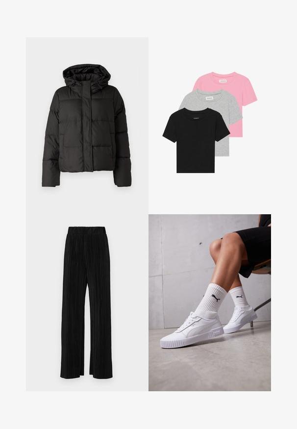 Svart pufferjakke med hette, glidelås foran, quiltet mønster og elastiske ermer. Laget av glatt syntetisk materiale.; Tre kortermede t-skjorter: en svart, en grå, en rosa. Hver har en klassisk rund hals og er laget av et mykt, elastisk bomullsblanding.; Sorte plisserte bukser med elastisk midje. Har vide ben og et glatt, strukturert stoff med vertikale striper.; Hvite sneakers med en glatt syntetisk overdel, strukturert såle og teksturerte detaljer. Bært med hvite ribbestrikkede sokker med en liten logo.