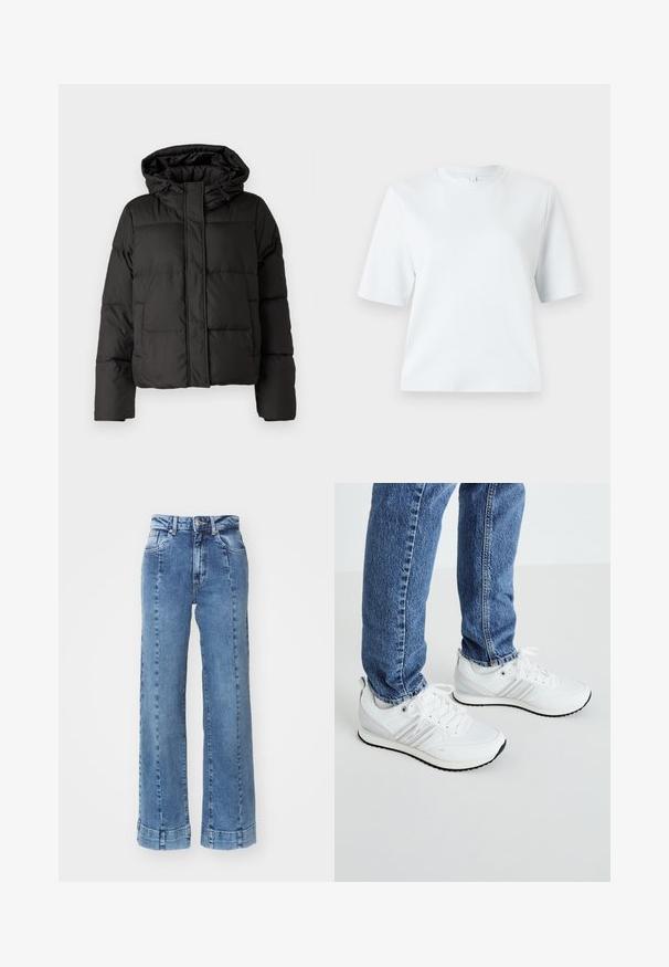 Fekete puffernadrág kapucnival, elöl cipzárral záródik, steppelt mintázattal és elasztikus mandzsettákkal rendelkezik. Simább szintetikus anyagból készült.; Világoskék, rövid ujjú póló, puha pamutból készült. Klasszikus, kerek nyakú és laza szabású, minta vagy díszítés nélkül.; Világoskék farmer széles lábú nadrág magas derékkal, elülső zsebekkel és varrott részletekkel. Az alja fel van hajtva és meg van varrva.; Fehér sportcipők sima textúrával, három párhuzamos csíkkal, fűzővel és fekete gumi talppal. Kék farmerral viselve.