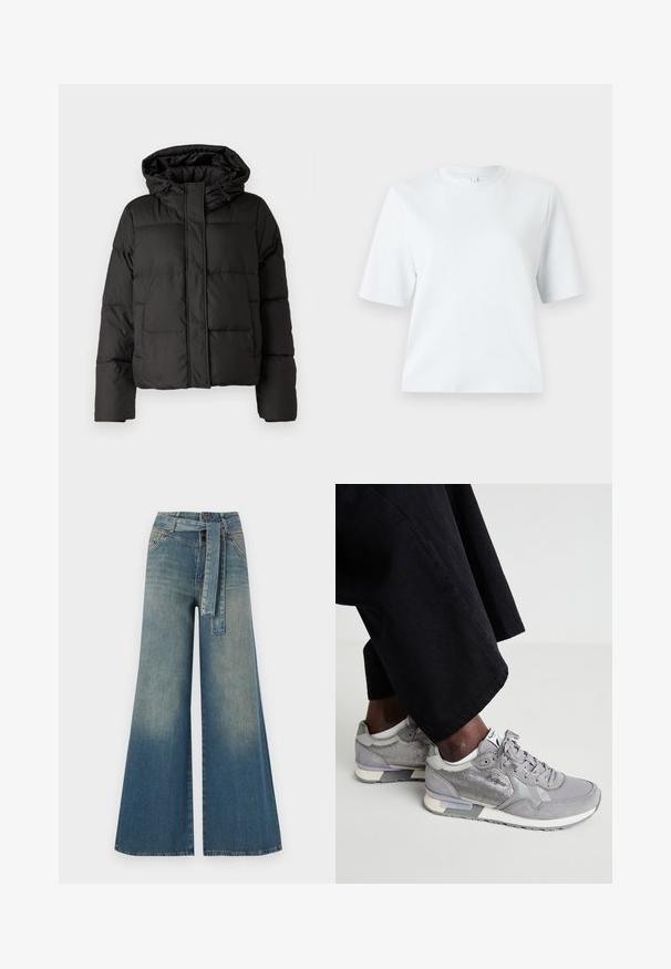 Svart puffjacka med huva, dragkedja fram, kviltat mönster och elastiska ärmslut. Tillverkad av ett slätt syntetiskt material.; Ljusblå kortärmad t-shirt i mjuk bomull. Har en klassisk rund halsringning och en avslappnad passform, utan mönster eller dekorationer.; Breda denimbyxor med en ljus till mörkblå gradient, hög midja, bälteshällor och ett matchande tygbälte. Texturerad denimfinish.; Grå sneakers i mocka och mesh med ett texturerat parti, vadderad sula och ljusa detaljer, kombinerade med svarta byxor.