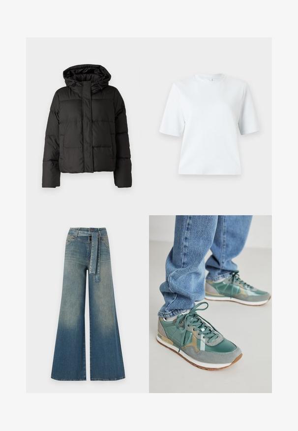 Black puffer jacket with a hood, zip front closure, quilted pattern, and elastic cuffs. Made from smooth synthetic material.; Light blue short-sleeve t-shirt made of soft cotton. Features a classic round neckline and a relaxed fit, with no patterns or accents.; Wide-leg denim trousers featuring a light to dark blue gradient, high waist, belt loops, and a matching fabric belt. Textured denim finish.; Green sneakers with a mix of leather and suede, featuring a textured finish, laces, and a white midsole. Worn with blue jeans.