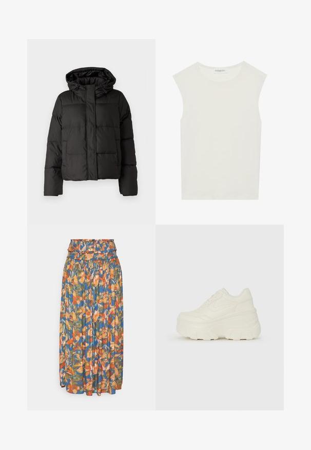 Black puffer jacket with a hood, zip front closure, quilted pattern, and elastic cuffs. Made from smooth synthetic material.; White sleeveless top with a round neckline. Made of smooth fabric, it features a relaxed fit and minimalist design. No patterns or accents.; Floral maxi skirt with a gathered waistband, featuring vibrant orange, green, and blue patterns. Lightweight fabric with pleated texture.; White platform sneakers featuring a smooth leather-like upper, rounded shape, padded collar, and textured rubber sole with defined treads.