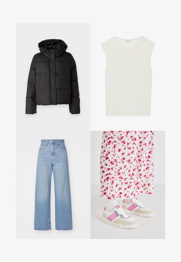 Veste doudoune noire avec capuche, fermeture éclair à l'avant, motif matelassé et poignets élastiques. Fabriquée en matériau synthétique lisse.; Haut sans manches blanc avec un col rond. Fabriqué en tissu lisse, il présente une coupe décontractée et un design minimaliste. Pas de motifs ni d'accents.; Jean large taille haute bleu clair avec bouton et fermeture éclair à l'avant, poches avant et arrière, sur fond blanc.; Baskets blanches et roses avec un accent en suede gris, dotées d'un lacet brillant et d'un panneau latéral rose, associées à une longue jupe plissée à imprimé floral.