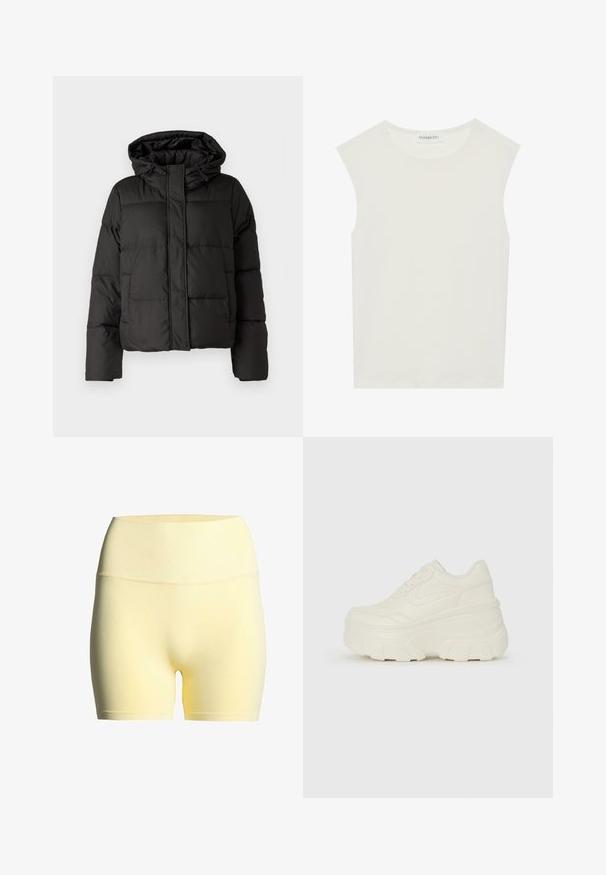 Musta puffatakki hupulla, vetoketjukiinnityksellä, tikattu kuvio ja elastiset hihansuut. Valmistettu sileästä synteettisestä materiaalista.; Valkoinen hihaton paita, jossa on pyöreä kaula-aukko. Valmistettu sileästä kankaasta, siinä on rento istuvuus ja minimalistinen muotoilu. Ei kuvioita tai koristeita.; Keltaiset kangashousut, joissa on ribattu vyötärö, sileä pinta ja puolipitkä muotoilu, sopivat aktiiviseen pukeutumiseen tai rentoon käyttöön.; Valkoiset tasapohjakengät, joissa on sileä nahkamainen päällinen, pyöristetty muoto, pehmustettu nilkkaosa ja texturoitu kumipohja, jossa on hyvin määritellyt urat.
