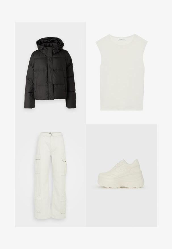 Melna pūkainā jaka ar kapuci, ar rāvējslēdzēju priekšpusei, ar izšūtu rakstu un elastīgām aprocēm. Izgatavota no gludas sintētiskas vielas.; Balts bez piedurknēm tops ar apaļu kakla izgriezumu. Izgatavots no gludas auduma, tam ir brīvs piegriezums un minimālistisks dizains. Nav nekādas rakstainības vai akcentu.; Kravas bikses off-white kokvilnā, ar platām kājām, sānu kabatām un pogām jostas vietā. Gluda tekstūra ar lietderības dizainu.; Baltie platformas sporta apavi, kas izgatavoti no gludas mākslīgās ādas, ar noapaļotu formu, mīkstu apkakli un teksturētu gumijas zoli ar izteiktiem rakstiem.