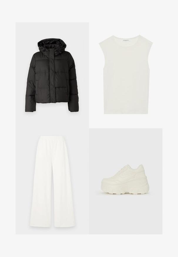 Zwarte gewatteerde jas met capuchon, ritssluiting aan de voorkant, gestikt patroon en elastische manchetten. Gemaakt van glad synthetisch materiaal.; Witte mouwloze top met een ronde halslijn. Gemaakt van gladde stof, het heeft een losse pasvorm en een minimalistisch ontwerp. Geen patronen of accenten.; Lange broeken in een lichtgewicht, zacht witte stof. Voorzien van een elastische tailleband voor comfort en een gladde textuur zonder zichtbare patronen.; Witte platform sneakers met een gladde leren bovenkant, afgeronde vorm, gewatteerde kraag en een gestructureerde rubberen zool met duidelijke profiel.