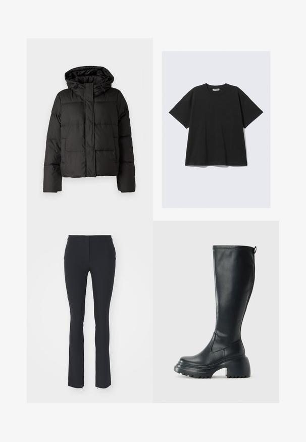 Zwarte gewatteerde jas met capuchon, ritssluiting aan de voorkant, gestikt patroon en elastische manchetten. Gemaakt van glad synthetisch materiaal.; Zwarte korte mouw t-shirt van katoen met een relaxte pasvorm, ronde hals en minimalistisch ontwerp. Geen patronen of zichtbare accenten aanwezig.; Zwarte stretchy broek met een slim fit ontwerp, voorzien van een gladde textuur, rechte pijpen en kleine ritsen aan de zijkant van de zoom.; Hoge zwarte leren laars met een chunky plateauzool en blokhak, voorzien van een trekband en een gestructureerd profiel op de buitenzool.