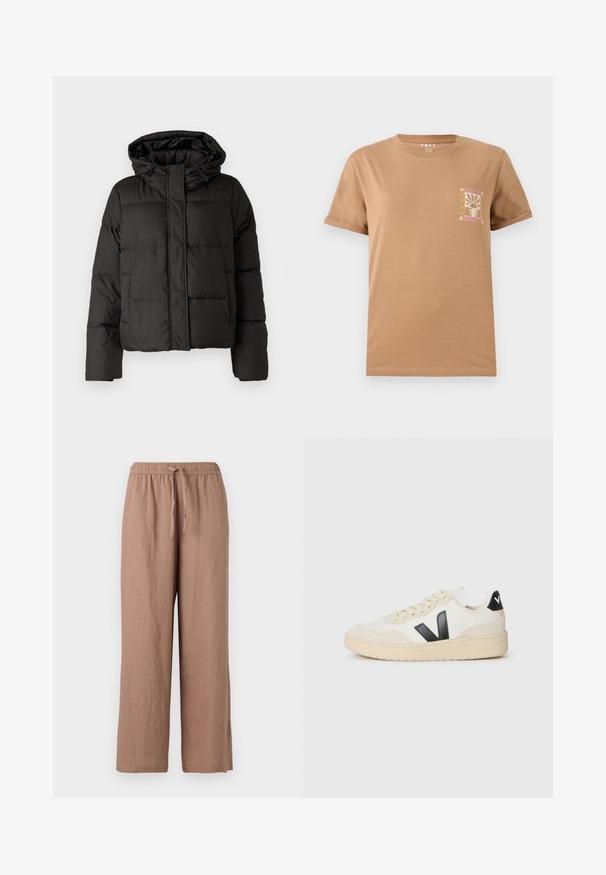 Crna puffer jakna s kapuljačom, zatvaranjem na zip, kviltanim uzorkom i elastičnim manžetama. Izrađena od glatkog sintetičkog materijala.; Smeđi pamučni T-shirt kratkih rukava. Ima mali, šareni grafički prikaz na lijevoj strani prsnog područja koji prikazuje temu zalaska sunca.; Svijetlo smeđi laneni hlače širokih nogavica s elastičnim pojasom i vezicom. Imaju glatku teksturu i skraćeni kroj do članaka.; Off-white tenisice s bež potplatom, crni "V" logo sa strane, vezice i crna oznaka na peti s natpisom u bijelim slovima.