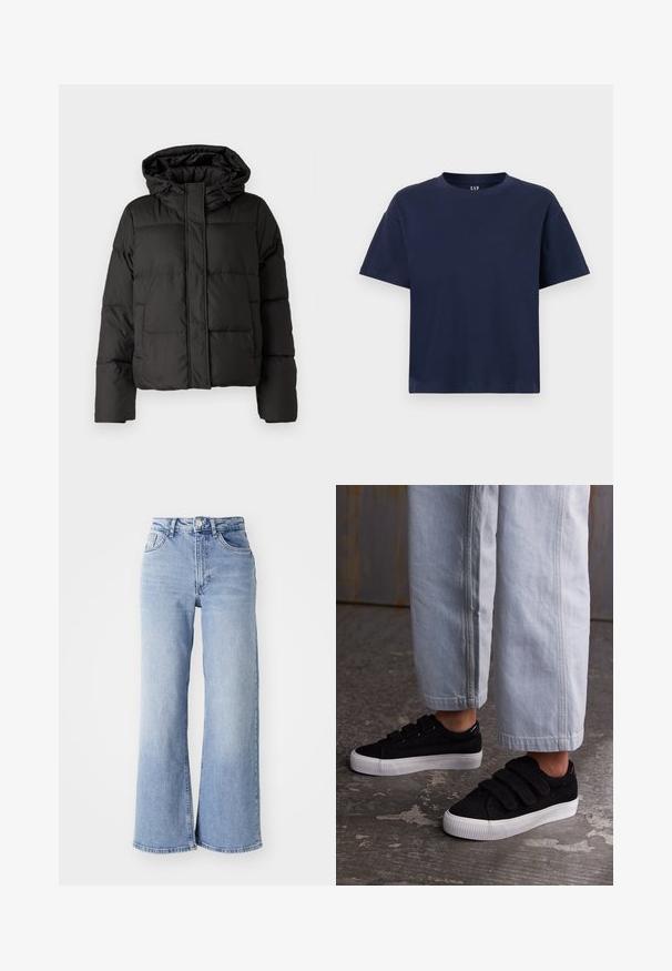 Schwarze Daunenjacke mit Kapuze, Reißverschluss auf der Vorderseite, gestepptem Muster und elastischen Bündchen. Hergestellt aus glattem Synthetikmaterial.; Marineblaues Baumwoll-T-Shirt mit Rundhalsausschnitt und kurzen Ärmeln, das eine lockere Passform und ein minimalistisches Design aufweist. Keine Muster oder Akzente.; Himmelblaue hochtaillierte Schlagjeans mit vorderen und hinteren Taschen, Knopfverschluss und dezentem Verblassen an den Oberschenkeln und Säumen.; Schwarze Cord-Sneaker mit drei Klettverschlüssen und einer strukturierten Oberfläche. Niedrigprofilierte weiße Gummisohle. Getragen mit hellblauen, verkürzten Hosen.