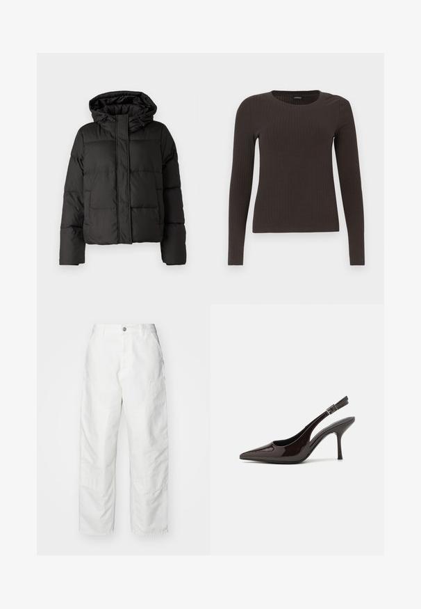 Black puffer jacket with a hood, zip front closure, quilted pattern, and elastic cuffs. Made from smooth synthetic material.; Brown, long-sleeve ribbed top with a crew neckline. Made from a smooth, stretchy material, featuring a fitted silhouette and minimal detailing.; White cargo pants made of denim, featuring a relaxed fit, side pockets, and visible stitching details. Plain front with a button closure.; Slingback high-heeled shoe in glossy dark brown patent leather, pointed toe, open sides, and adjustable ankle strap.