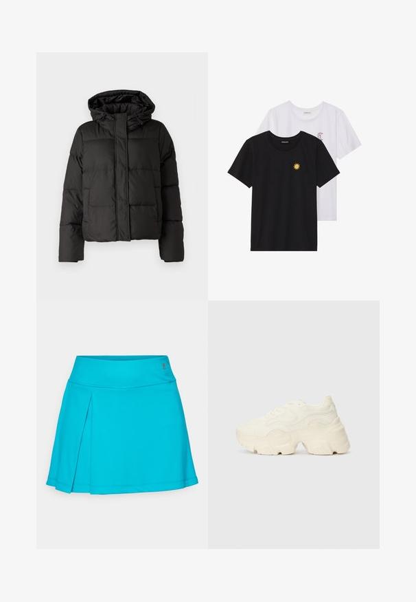 Fekete puffernadrág kapucnival, elöl cipzárral záródik, steppelt mintázattal és elasztikus mandzsettákkal rendelkezik. Simább szintetikus anyagból készült.; Fekete és fehér T-shirtok, kerek nyakkivágással, rövid ujjakkal. A fekete pólón sárga nap hímzés található; a fehér póló lila félhold díszítéssel rendelkezik.; Akvakék sportos szoknya redőzött kialakítással, rugalmas anyagból, széles derékpánttal és varrt szegéllyel.; Tömbös fehér sneakers, amely texturált hálóból és szintetikus anyagokból készült, vastag talppal és bonyolult mintázattal az oldalakon.