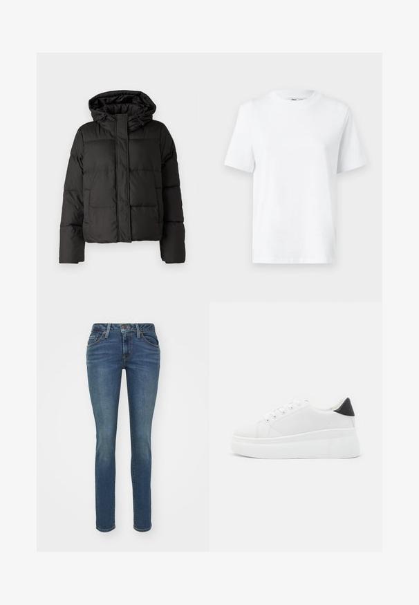 Casaco puffer preto com capuz, fecho frontal com zip e padrão acolchoado, com punhos elásticos. Feito de material sintético liso.; T-shirt branca de algodão com decote redondo, featuring mangas curtas e uma textura suave. Projetada com um corte solto para conforto e versatilidade.; Jeans de ganga slim-fit de cor azul com cinco bolsos, costuras visíveis e fecho de correr. Apresenta uma textura ligeiramente desbotada para um detalhe adicional.; Tênis plataforma brancos feitos de material sintético suave, apresentando ponta arredondada, design com cadarços e sola de borracha texturizada. Acento preto no calcanhar.