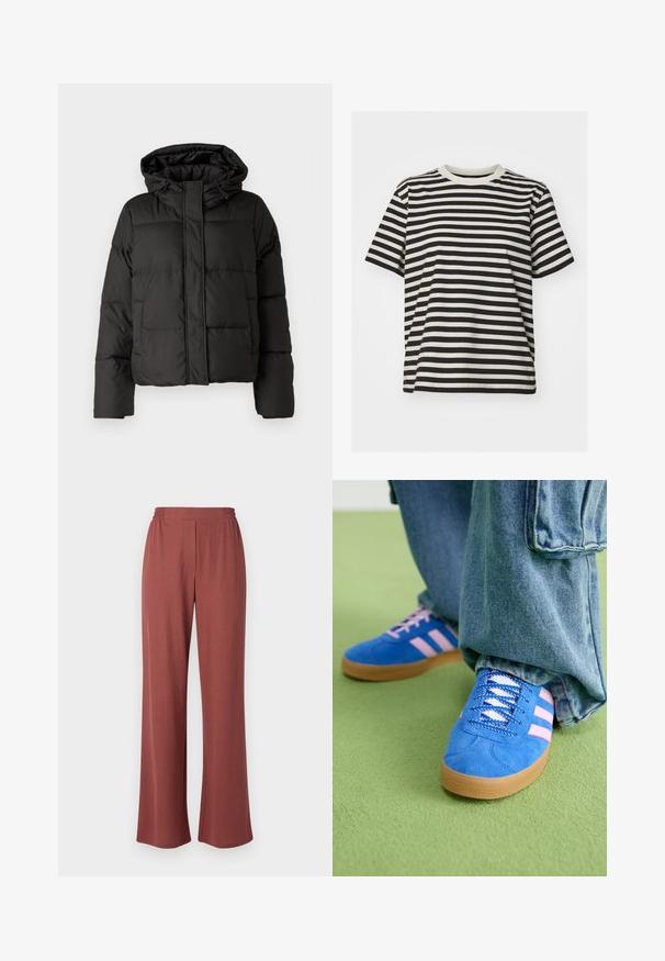 Svart pufferjakke med hette, glidelås foran, quiltet mønster og elastiske ermer. Laget av glatt syntetisk materiale.; Stripet t-skjorte laget av mykt stoff, med horisontale svarte og kremfargede striper, rund hals, korte ermer og en avslappet passform.; Vide benbukser i en rødbrun stof. Har en elastisk talje og en glat tekstur. Ingen synlige mønstre eller accenter.; Blå skinnsko med rosa striper og hvite lisser, med såle av gummigummi, kombinert med løse denimbukser på et grønt underlag.