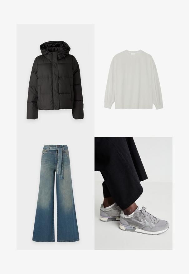 Must musterk jacket, millede, tõmbluku ees sulgemine, tikandmuster ja elastsed mansetid. Valmistatud siledast sünteetilisest materjalist.; Hele halli pikkade varrukatega T-särk, mis on valmistatud pehmest puuvillast. Omab vaba lõiget, ümmargust kaelust ja õrnalt kogutud varrukaotsi. Muster ja graafika puuduvad.; Laiad denimpüksid, millel on hele tume sinine gradiendiefekt, kõrge vöökoht, vöökumlid ja sobivast kangast vöö. Struktureeritud denimi viimistlus.; Hallid hallid tossud, millel on võrkp حض ja sametised materjalid, valge tald, heledat halli rõhutid ja nöörid. Kantud koos laia mustast kangast pükstega.