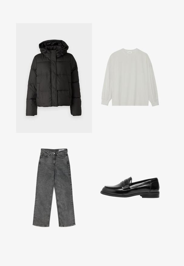 Zwarte gewatteerde jas met capuchon, ritssluiting aan de voorkant, gestikt patroon en elastische manchetten. Gemaakt van glad synthetisch materiaal.; Lichtgrijze langarm t-shirt van zacht katoen. Heeft een losse pasvorm, ronde halslijn en zachtGathered manchetten. Geen patronen of graphics.; Hoge taille zwarte gewassen rechte jeans met voorzakken, riemlussen, knoopsluiting en een merklabel aan de binnenkant van de tailleband.; Zwarte leren instapper met een gladde afwerking, ronde neus en decoratieve stiksels aan de voorkant. Platte rubberen zool, klassiek ontwerp.