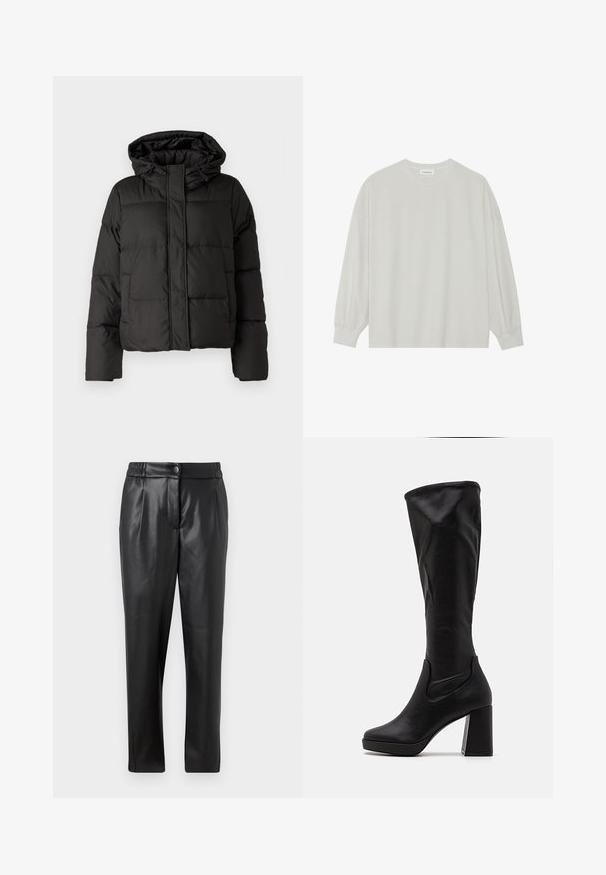 Černá péřová bunda s kapucí, zipovým zapínáním, prošívaným vzorem a elastickými manžetami. Vyrobena z hladkého syntetického materiálu.; Světle šedé tričko s dlouhým rukávem vyrobené z měkké bavlny. Má volný střih, kulatý výstřih a jemně nařasené manžety. Bez vzorů nebo grafik.; Černé kožené kalhoty s hladkou texturou, rovným střihem, elastickým pasem a zapínáním na knoflík vpředu; s plisovanými detaily a zúženými nohavicemi.; Černé vyšší kozačky vyrobené z hladké kůže, s masivním blokovým podpatkem a elastickými bočními panely pro snadné obouvání.