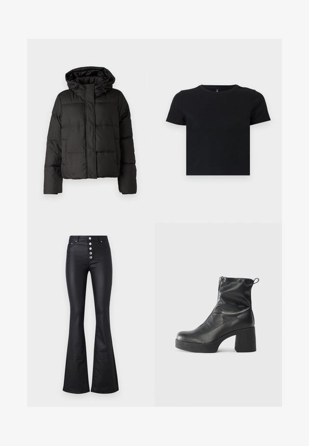 Melna pūkainā jaka ar kapuci, ar rāvējslēdzēju priekšpusei, ar izšūtu rakstu un elastīgām aprocēm. Izgatavota no gludas sintētiskas vielas.; Melnas īsām piedurknēm T-krekls, kas izgatavots no mīkstas kokvilnas. Ievietota apaļa kakla izgriezums un pieguļošs dizains. Gluda tekstūra bez rakstiem vai akcensiem.; Melnas platajās bikses, kas izgatavotas no gluda, stiepjama materiāla, ar augstu jostu un pieciem metāliskiem pogām priekšpusē. Iekļautas divas sānu kabatas.; Melni potītes zābaki, kas izgatavoti no gludas ādas, ar sānu rāvējslēdzēju, masīvu strukturētu papēdi un noapaļotu purngalu.