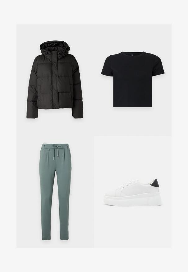 Juodas pūkinis džinsas su kapišonu, užtrauktuku priekyje, siuvinėtu raštu ir elastingais rankogaliais. Pagamintas iš lygios sintetinės medžiagos.; Juoda trumpomis rankovėmis marškinėliai, pagaminti iš švelnios medvilnės. Turi apvalų kaklą ir prigludusį dizainą. Lygi tekstūra be raštų ar akcentų.; Pilki-žali kelnės iš minkštos medžiagos, su raištelio juosmeniu, raukšlėmis priekyje ir tiesiomis kojomis su elastingais kraštais.; Balti platforminiai sportbačiai, pagaminti iš lygios sintetinio audinio, su apvaliu pirštu, raištelių užsegimu ir tekstūruota guma padanga. Juodas kulno akcentas.