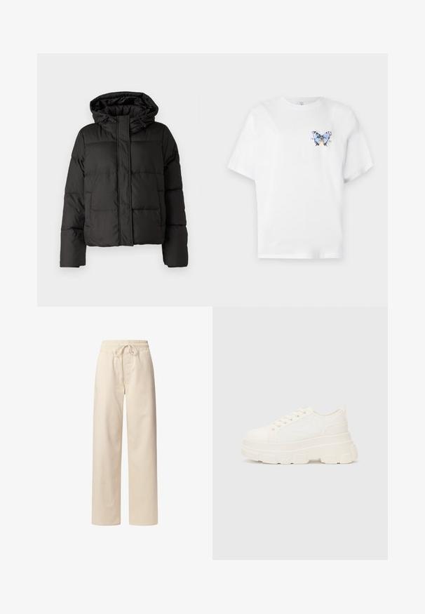 Czarna puchowa kurtka z kapturem, z zamkiem z przodu, pikowany wzór i elastyczne mankiety. Wykonana z gładkiego materiału syntetycznego.; Biała bawełniana koszulka z krótkim rękawem, z kolorowym nadrukiem motyla po lewej stronie klatki piersiowej. Luźny krój.; Beżowe bawełniane spodnie z elastycznym paskiem w talii i sznurkiem. Szerokie nogawki, gładka struktura, bez widocznych wzorów czy akcentów.; Białe płócienne trampki z grubą podeszwą, okrągłym noskiem i pięcioma oczkami na sznurowadła. Tylny uchwyt ułatwiający zakładanie. Gładka faktura, minimalistyczny design.