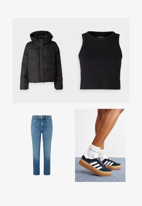 Must musterk jacket, millede, tõmbluku ees sulgemine, tikandmuster ja elastsed mansetid. Valmistatud siledast sünteetilisest materjalist.; Mustard ribaga lõhikuga crop top, millel on ümar kaelus ja ilma varrukateta disain. Valmistatud pehmest ja venivast kangast, millel on puhtad äärised.; Heledad sinised teksad otse lõikega, viie taskuga disain ja tõmblukuga sulgur. Omab kontrastõmblusi ja kergeid kulumise jälgi.; Mustad seemisnahast tossud valgete triipude ja detailidega, ümarate varbassosadega, kummist välistallaga, paaritatud valgete soonikuliste meessokkidega.