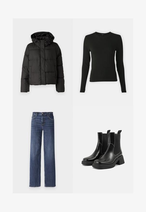 Casaco puffer preto com capuz, fecho frontal com zip e padrão acolchoado, com punhos elásticos. Feito de material sintético liso.; Camisa preta de mangas longas feita de um tecido suave, com decote redondo e forma ajustada, sem padrões ou detalhes visíveis.; Jeans de ganga azul-escuro com um design de perna reta, apresentando um fecho de botão, estilo de cinco bolsos e um desgaste subtil na parte da frente.; Botas Chelsea em couro preto com um salto grosso, painéis laterais elásticos e costura branca em contraste. Acabamento texturizado.