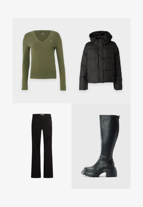 Schwarze Daunenjacke mit Kapuze, Reißverschluss auf der Vorderseite, gestepptem Muster und elastischen Bündchen. Hergestellt aus glattem Synthetikmaterial.; Langärmeliges V-Ausschnitt-T-Shirt aus olivgrünem Baumwollstoff mit schlanker Passform und kleinem Logo auf der Brust. Weiche Textur und minimalistisches Design.; Schwarze Schlagjeans mit einem fünf Taschen-Design, ausgestattet mit einem Knopfverschluss und Gürtelschlaufen, aus einem glatten Denim-Material gefertigt.; Hoher schwarzer Lederstiefel mit einer robusten Plateausohle und Blockabsatz, der über eine Zuglasche und ein strukturiertes Profil an der Außensohle verfügt.