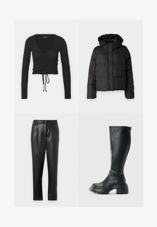 Casaco puffer preto com capuz, fecho frontal com zip e padrão acolchoado, com punhos elásticos. Feito de material sintético liso.; Top cropped de manga longa em preto, com um decote em V profundo, detalhes franzidos na frente e um laço ajustável na barra.; Calças de couro pretas com uma textura suave, corte reto, cintura elástica e fecho com botão na frente; detalhe plissado e pernas afuniladas.; Bota preta de couro alta com sola de plataforma robusta e salto bloco, apresentando puxador e padrão texturizado na sola.